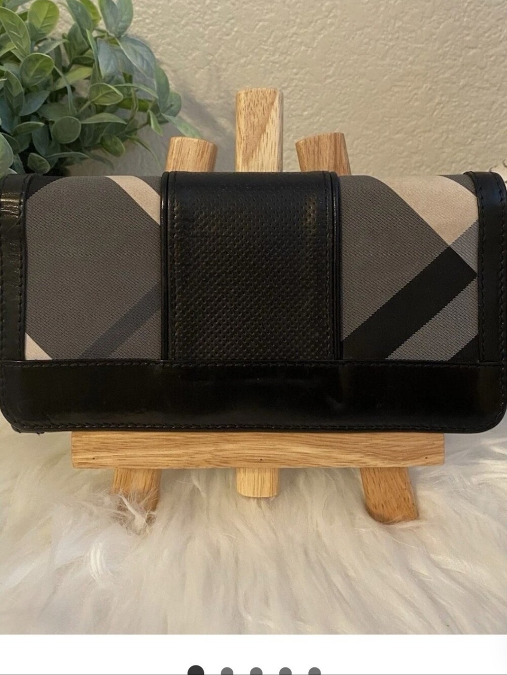 BURBERRY ORIGINAL Neutral Plaid Wallet with Black Leather Trim